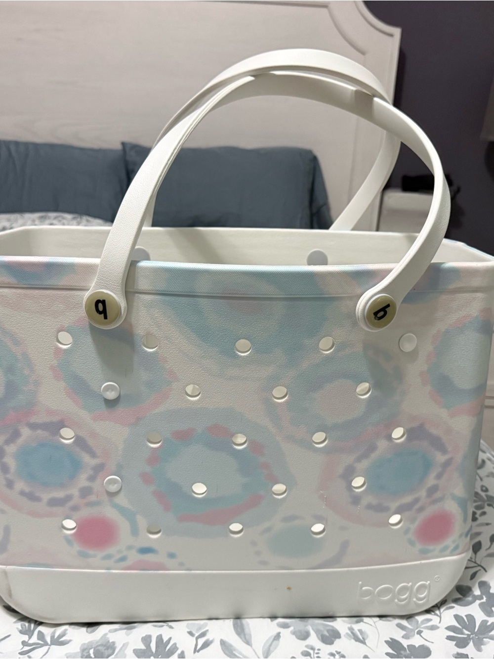 BOGG BAG White Tote with Pastel Blue and Pink Watercolor Dots